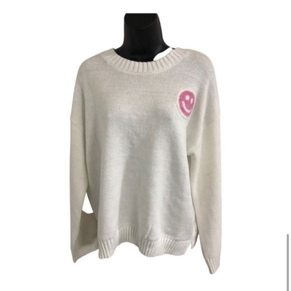 Jessica Simpson off white pink smiley face emoji‎ embroidered seeater size M - Picture 5 of 8